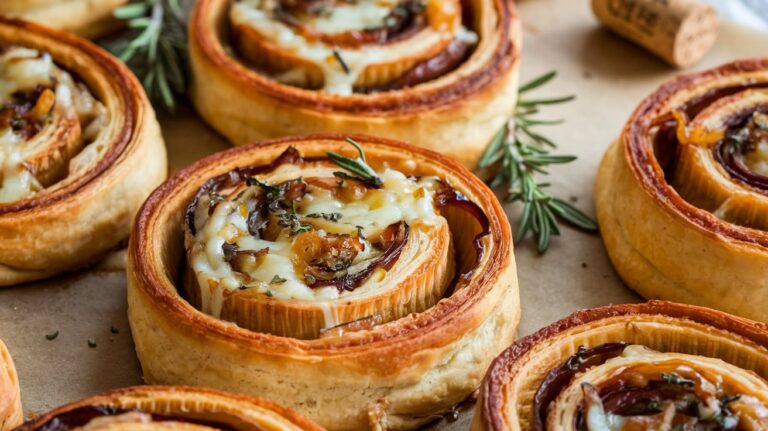 Festive Display of Fig and Goat Cheese Pinwheels for a Party Platter" A party platter featuring perfectly golden fig and goat cheese pinwheels, arranged in a circular pattern for a visually stunning appetizer. The sweet and savory filling contrasts beautifully with the crisp pastry, offering a crowd