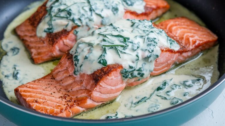 Garlic Butter Tuscan Salmon Garnished with Lemon Slices" A dish of garlic butter Tuscan salmon garnished with fresh lemon slices and parsley. The flaky salmon fillets sit in a rich, creamy sauce, with vibrant sun-dried tomatoes and spinach adding a delightful Mediterranean twist.