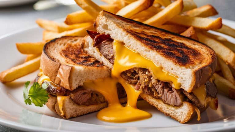 Sliced Perfection: The Melted Cheese and Meat Sandwich Club Cut in Half”