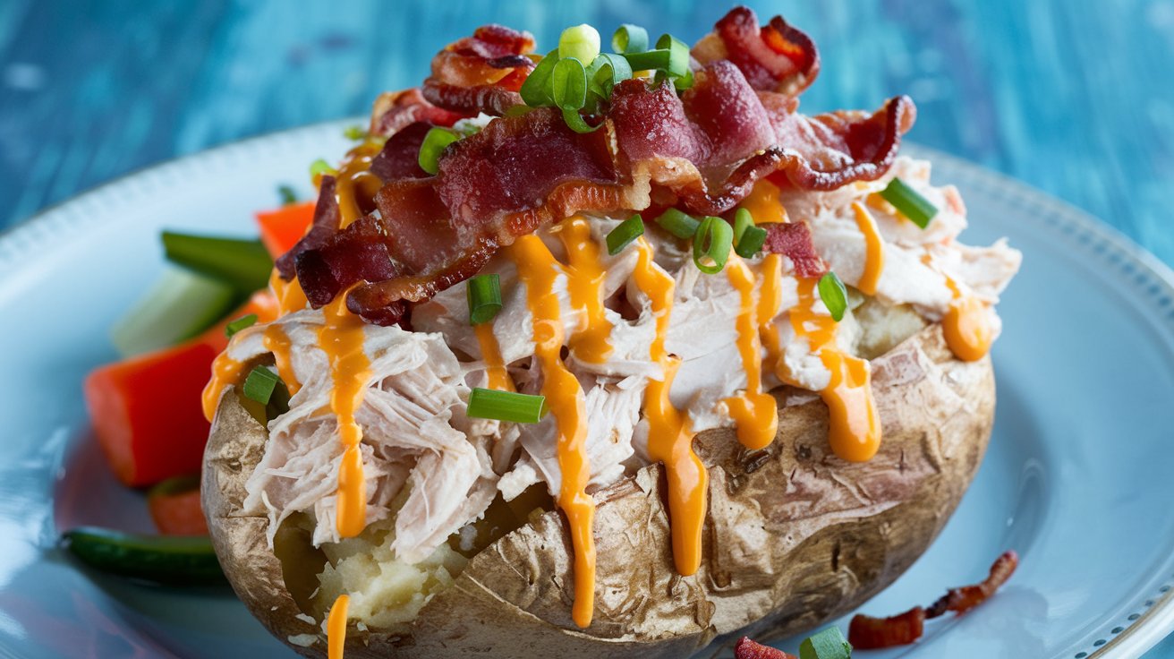 Chicken Stuffed Baked Potatoes with Cheddar, Bacon, and Ranch Topping" A close-up of a perfectly baked potato stuffed with creamy cheddar cheese, crispy bacon bits, and tender ranch chicken. The golden, melted cheese and savory bacon make each bite of this stuffed potato irresistible.