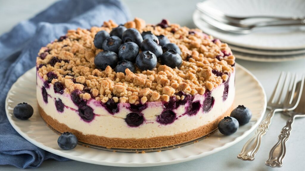 Top view of a freshly baked blueberry crumb cheesecake recipe, featuring a thick layer of cheesecake, a juicy blueberry topping, and a crispy crumb crust, served on a marble countertop.