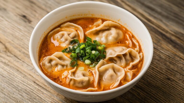 A steaming pot of Homemade Wonton Soup Recipe, filled with tender wontons, slices of mushrooms, and a fragrant ginger-garlic broth, ready to serve