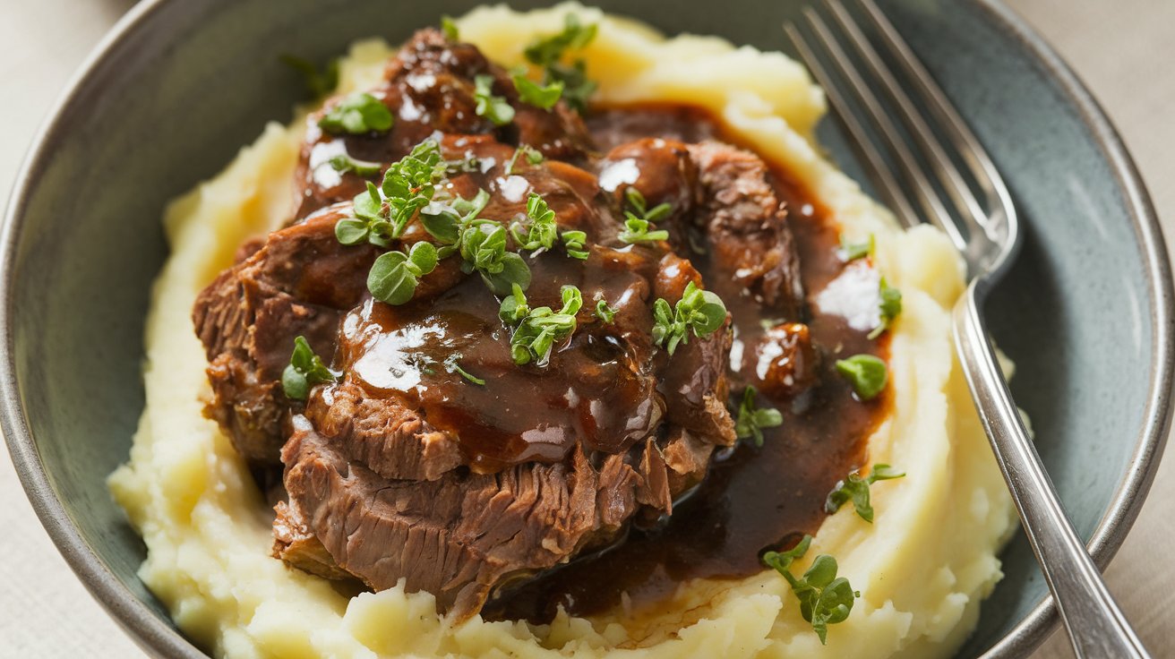 Tender Red Wine Braised Short Ribs in Dutch Oven | Veronika's Kitchen, cooked to perfection with a rich red wine sauce, garnished with fresh herbs and served alongside creamy mashed potatoes