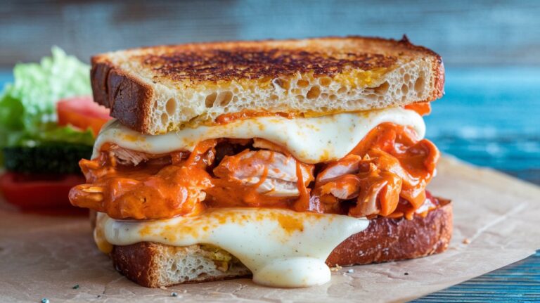 Buffalo Chicken Grilled Cheese Served with Ranch Dipping Sauce" A buffalo chicken grilled cheese sandwich served with a side of ranch dipping sauce. The crispy bread, spicy chicken, and melted cheese create a mouthwatering combination perfect for a quick, flavorful meal.