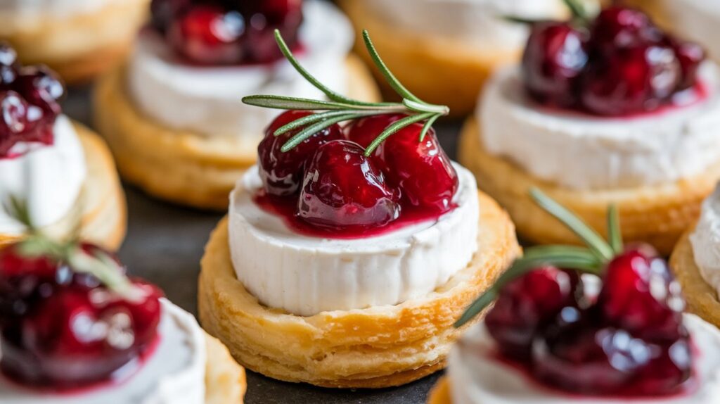 Freshly baked Easy Cranberry Brie Bites with golden puff pastry, creamy brie, and a dollop of sweet cranberry sauce, garnished with a sprig of thyme on a white platter.