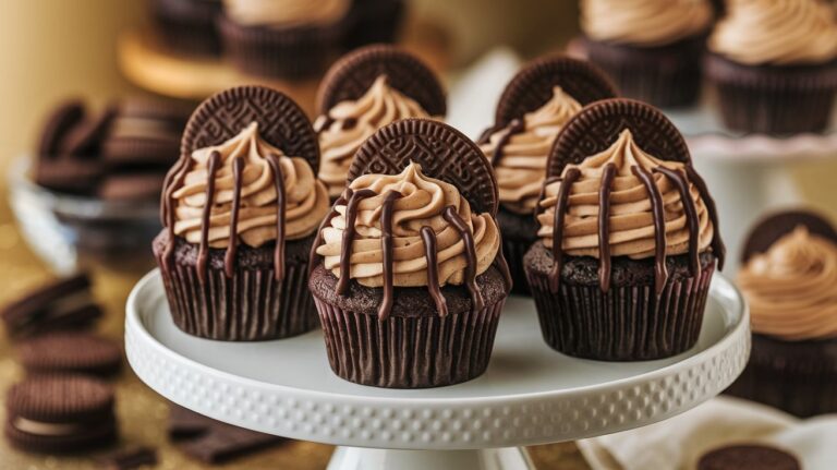 Chocolate cupcakes with fluffy cookies and cream buttercream piped on top, surrounded by pools of shiny chocolate ganache on a rustic wooden board