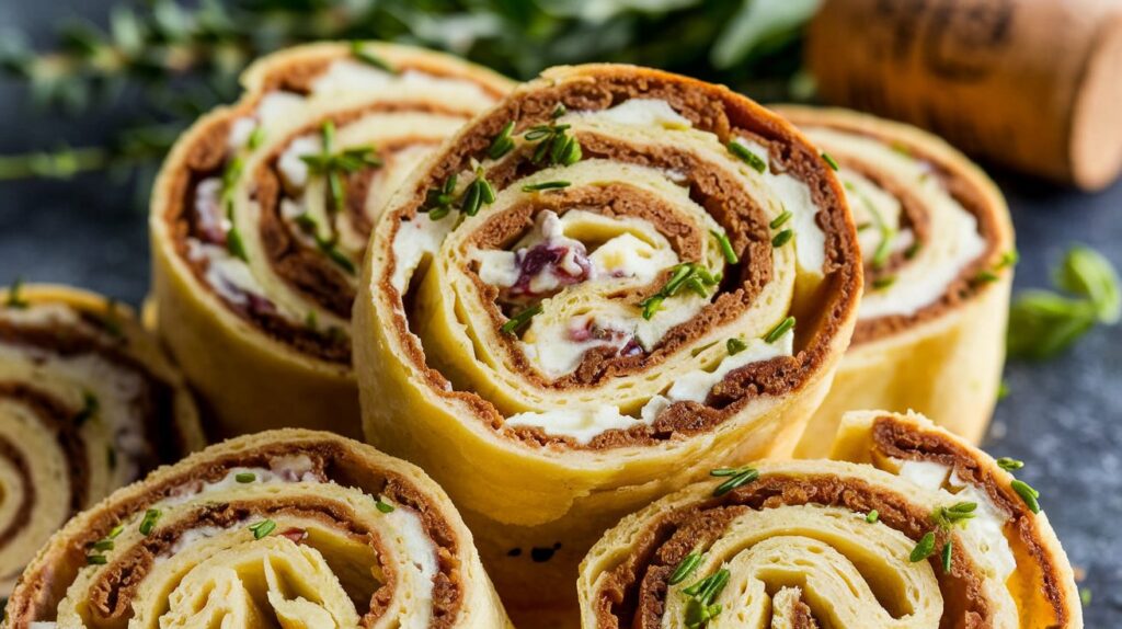 Sweet and Savory Fig and Goat Cheese Pinwheels featuring golden, flaky pastry swirls filled with creamy goat cheese and a sweet fig spread, served on a wooden platter