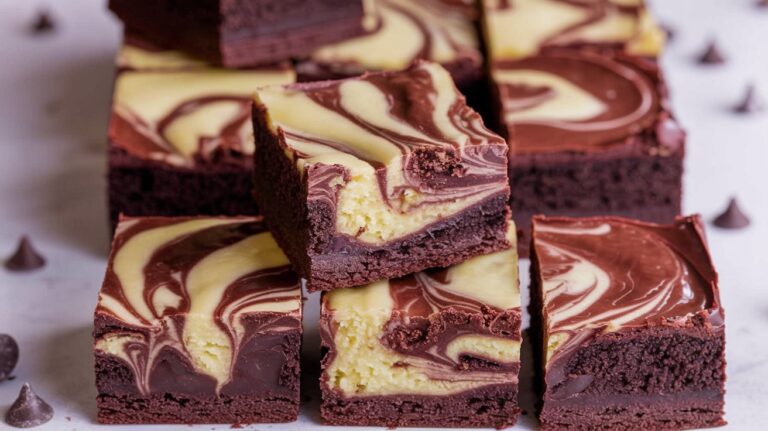 Freshly baked Cream Cheese Brownies arranged on a wooden board, with vibrant swirls of cream cheese against a deep chocolate base, ready to serve