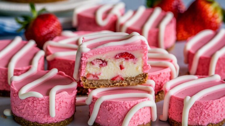 Platter of Strawberry Cheesecake Bites: A tray filled with bite-sized Strawberry Cheesecake Bites, featuring creamy cheesecake filling inside juicy strawberry halves, topped with graham cracker crumbs.