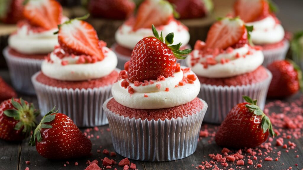 A tray of Strawberry Crunch Cupcakes topped with fluffy pink frosting and a vibrant strawberry crunch crumble, garnished with a fresh strawberry slice