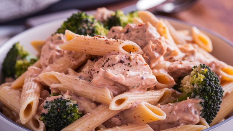 A bowl of Chicken and Broccoli Pasta—Great Weeknight Dinner! featuring tender chicken pieces, steamed broccoli, and al dente pasta coated in a creamy garlic sauce