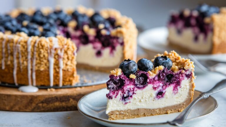 Close-up of a whole blueberry crumb cheesecake recipe with a buttery graham cracker crust, rich cheesecake filling, and a fresh blueberry and streusel topping, perfect for dessert lovers.