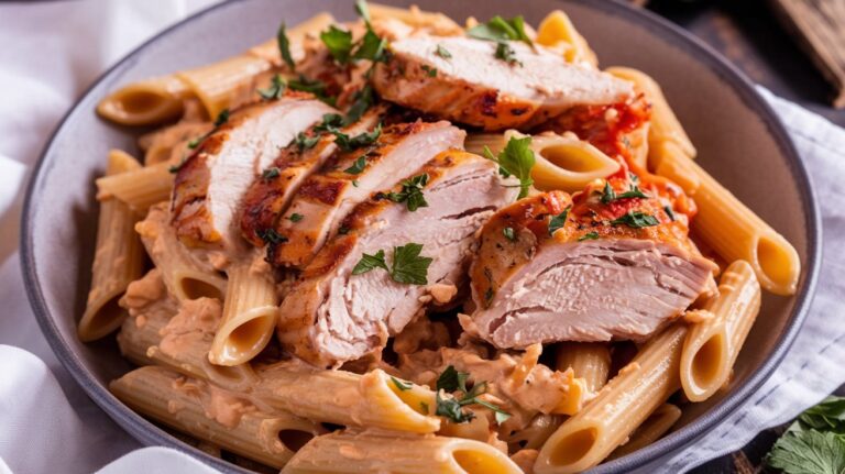 A plate of Marry Me Chicken Pasta featuring tender chicken breasts in a creamy sun-dried tomato sauce, served over perfectly cooked fettuccine and garnished with fresh basil.