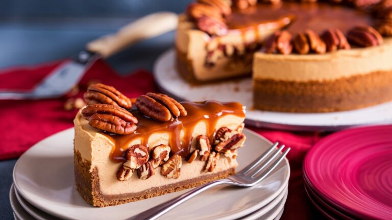 Pecan Pie Cheesecake Close-Up: A close-up shot of the Pecan Pie Cheesecake, highlighting the glossy caramel pecan topping and the smooth, velvety cheesecake filling beneath.