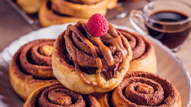 A stack of freshly baked Chocolate Sweet Rolls on a white plate, each roll filled with melted chocolate and topped with a dusting of powdered sugar