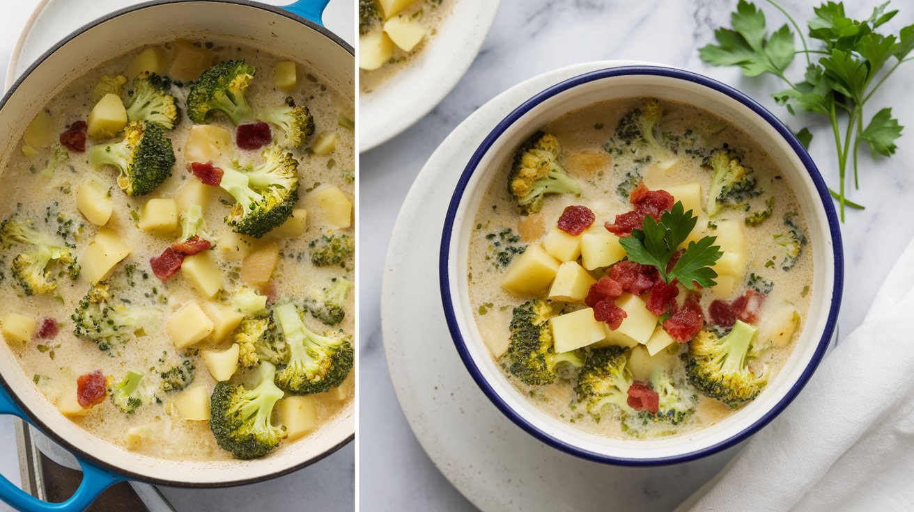 Warm Bowl of Broccoli Potato Soup with Cheddar and Crumbled Bacon" A hearty bowl of creamy broccoli potato soup, featuring tender chunks of potatoes and fresh broccoli in a velvety broth. Topped with melted cheddar cheese and crispy crumbled bacon, this comforting soup offers a satisfying combination of flavors and textures.