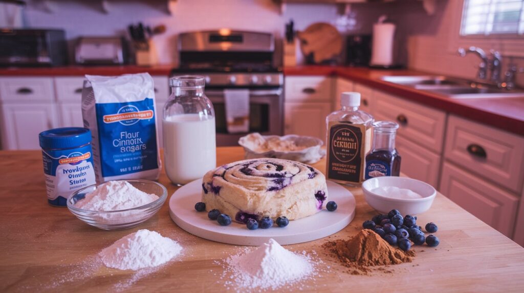 A baking dish filled with warm Blueberry Cinnamon Rolls, highlighting the gooey blueberry filling and cinnamon-spiced layers beneath a thick drizzle of icing.