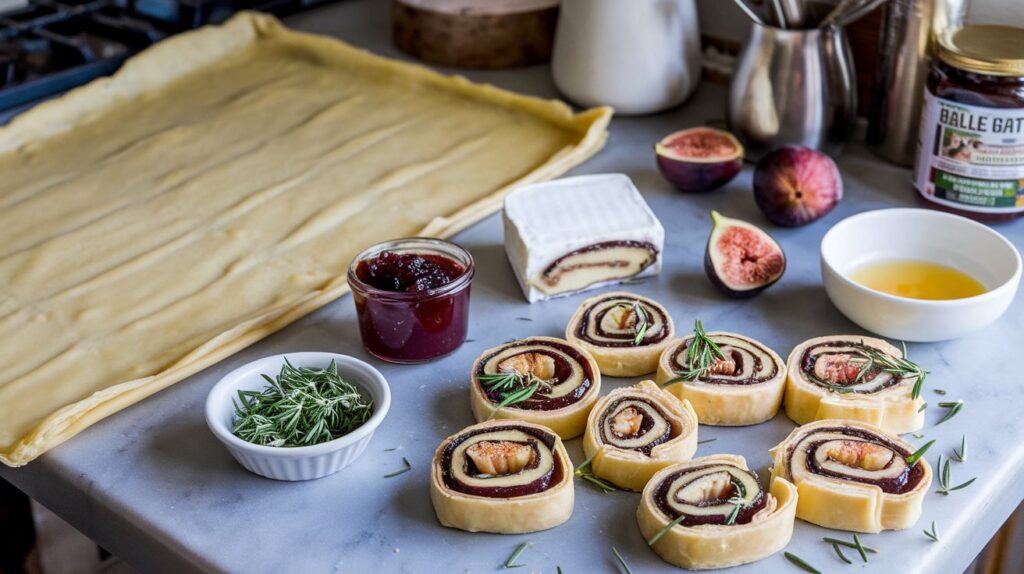 Appetizing Fig and Goat Cheese Pinwheels Garnished with Fresh Herbs"
Close-up of fig and goat cheese pinwheels with flaky pastry layers filled with creamy goat cheese and fig jam. Garnished with sprigs of fresh rosemary and served warm, these bites look as delicious as they taste