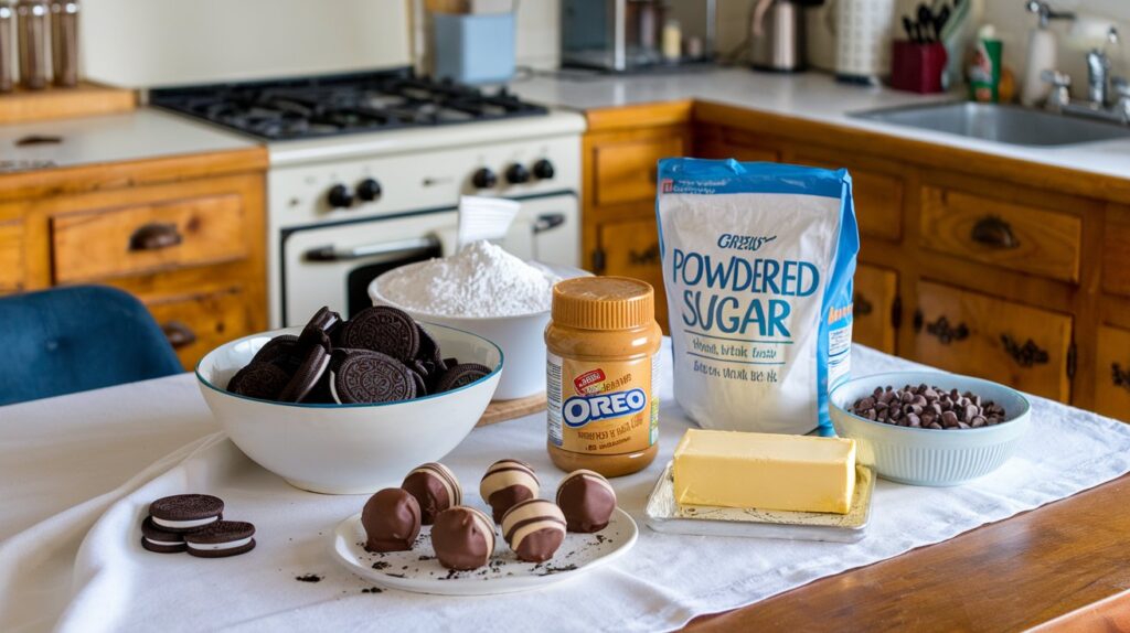 Ultimate OREO Peanut Butter Balls on a Wooden Platter: A wooden platter filled with OREO Peanut Butter Balls, coated in rich chocolate, surrounded by whole OREOs and peanut butter for a visual treat.