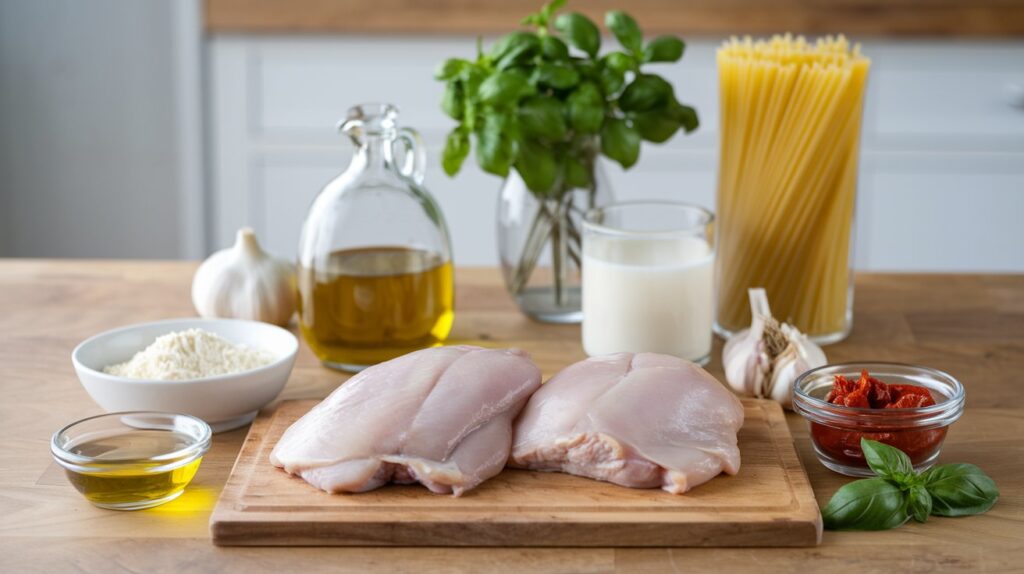 A serving of Marry Me Chicken Pasta in a white bowl, showcasing creamy sauce-coated pasta, juicy chicken slices, and vibrant herbs for garnish