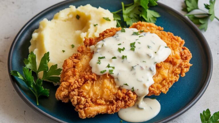 A piece of Chicken Fried Chicken on a white plate, highlighting its golden crust, tender meat, and a generous topping of peppered country gravy