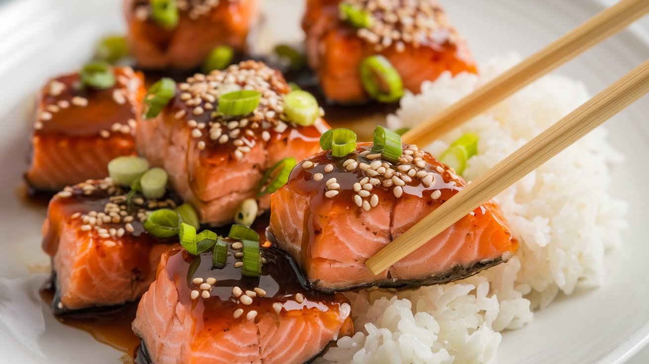 Golden-brown Crispy Honey Garlic Salmon Bites cooked to perfection in just 25 minutes, served on a plate with a drizzle of garlic-infused honey glaze and fresh parsley