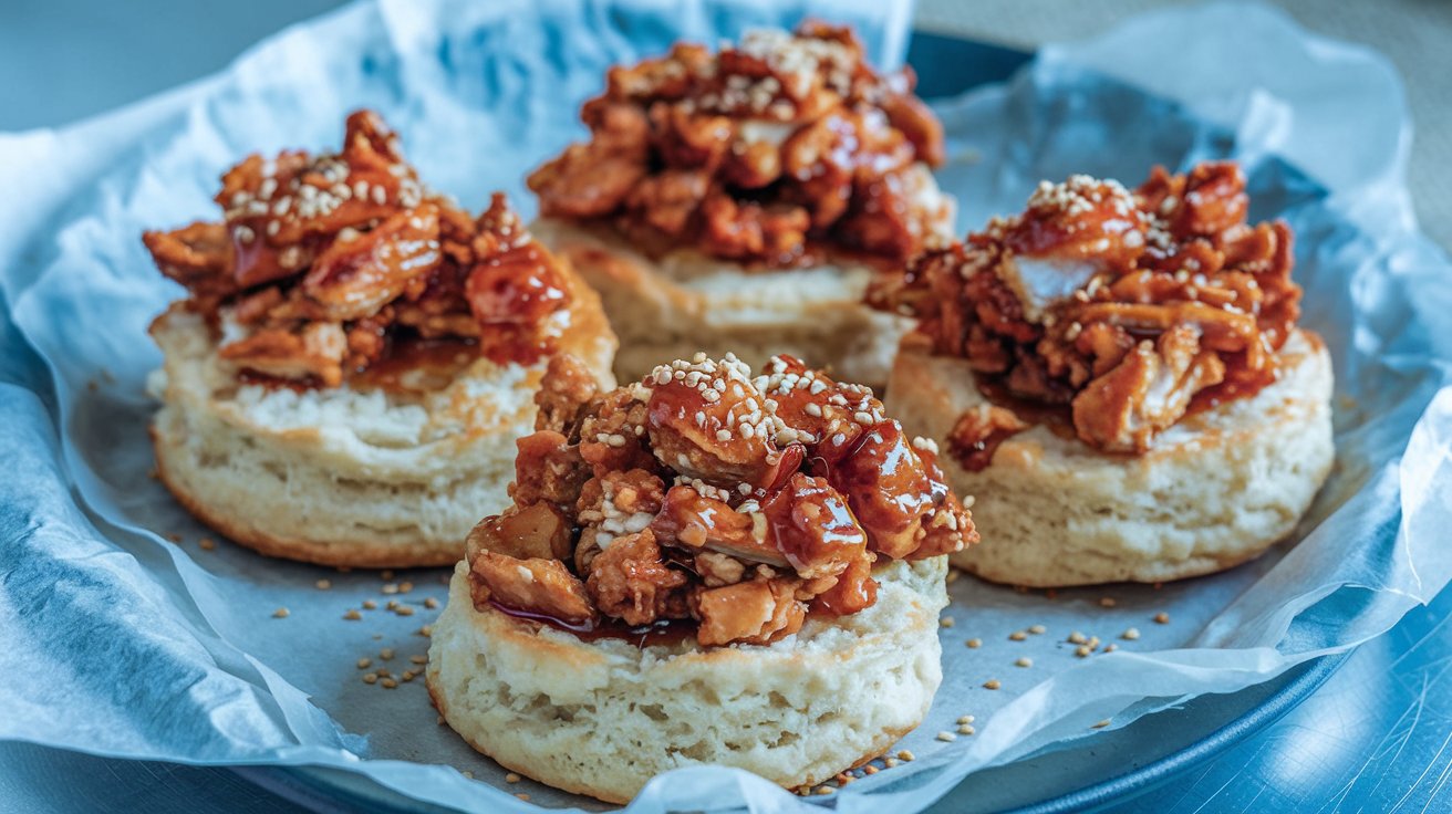 Hot Honey Chicken Biscuits Garnished with Fresh Herbs" A plate of hot honey chicken biscuits garnished with fresh parsley and extra drizzles of hot honey. The combination of crispy fried chicken, sweet heat, and buttery biscuits is a perfect balance of flavors.