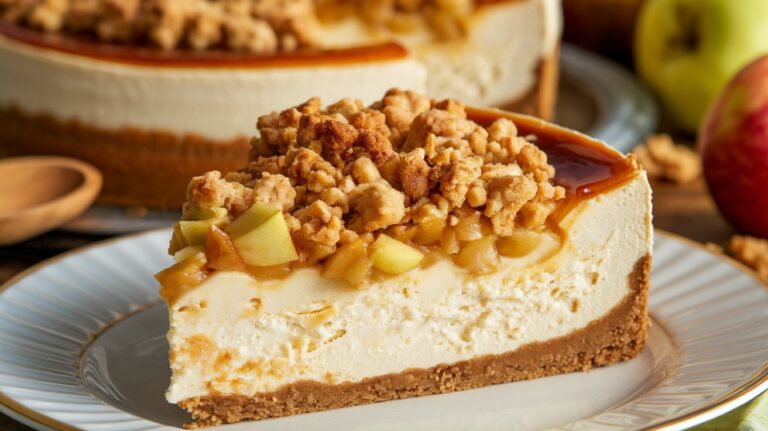 Apple Crumble Cheesecake with a Scoop of Vanilla Ice Cream" A slice of apple crumble cheesecake served with a scoop of creamy vanilla ice cream, topped with a generous helping of spiced apples and a buttery crumble. This indulgent dessert is a perfect autumn treat with a balance of sweetness and crunch