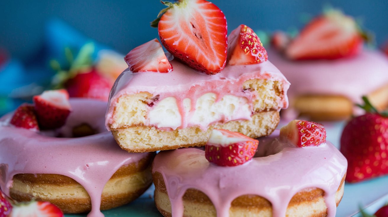 Freshly baked Strawberry Cheesecake Stuffed Donuts arranged on a wooden board, with vibrant strawberry filling and a rich cream cheese center peeking out