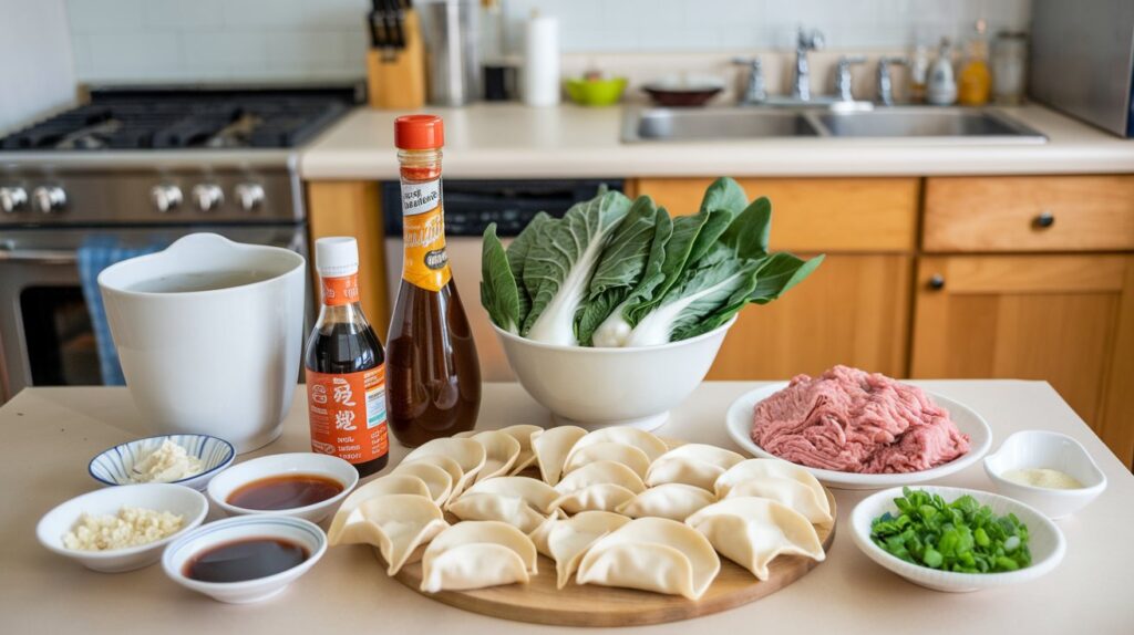 A bowl of Homemade Wonton Soup Recipe featuring delicate wontons filled with seasoned meat, floating in a clear, flavorful broth with fresh scallions and bok choy