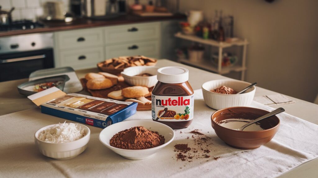 Nutella Truffles on a Rustic Wooden Platter: A rustic wooden platter filled with indulgent Nutella Truffles, sprinkled with a dusting of cocoa powder and scattered hazelnuts, perfect for sharing at a gathering.