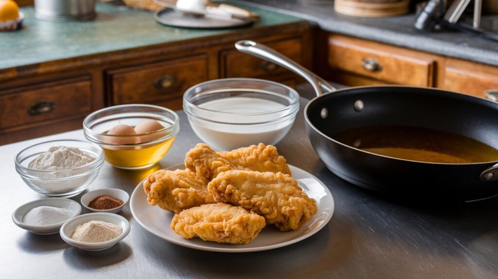 "A plate of Chicken Fried Chicken featuring crispy golden breaded chicken served with creamy country gravy and a side of mashed potatoes."

