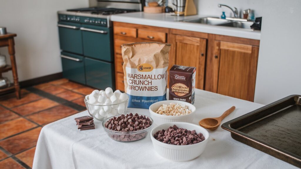 Marshmallow Crunch Brownies Served on a Rustic Wooden Board"
Slices of marshmallow crunch brownies displayed on a rustic wooden board. The rich chocolate brownie base is topped with fluffy marshmallows and a crispy, chocolatey crunch for the perfect blend of flavors and textures