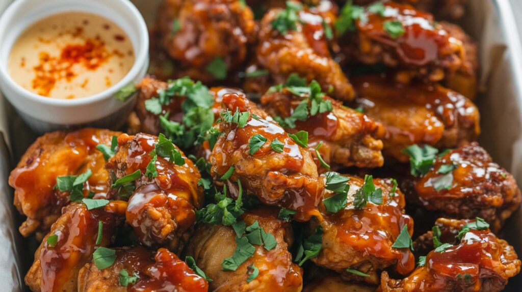 A plate of Crispy Bang Bang Chicken coated in a crunchy golden batter, drizzled with a spicy, creamy bang bang sauce and garnished with chopped green onions and sesame seeds