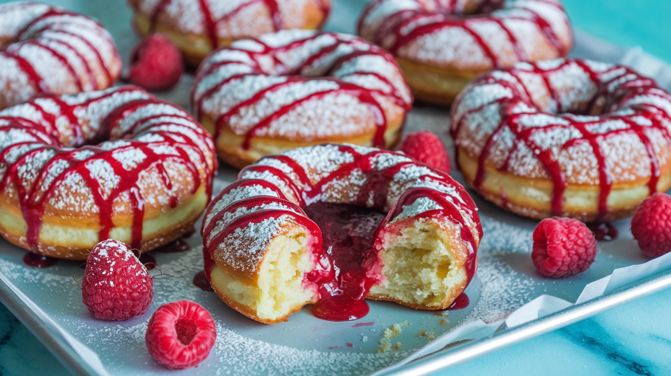 plate of freshly made Baked Raspberry Donuts glazed with a vibrant pink raspberry icing, topped with a sprinkle of crushed freeze-dried raspberries.