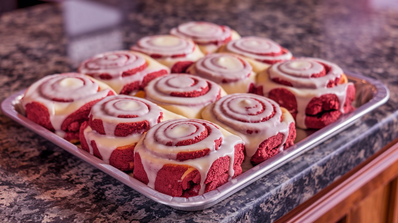 A tray of freshly baked Red Velvet Cinnamon Rolls with creamy white icing drizzled over the soft, fluffy rolls, showcasing their rich red color and cinnamon swirls