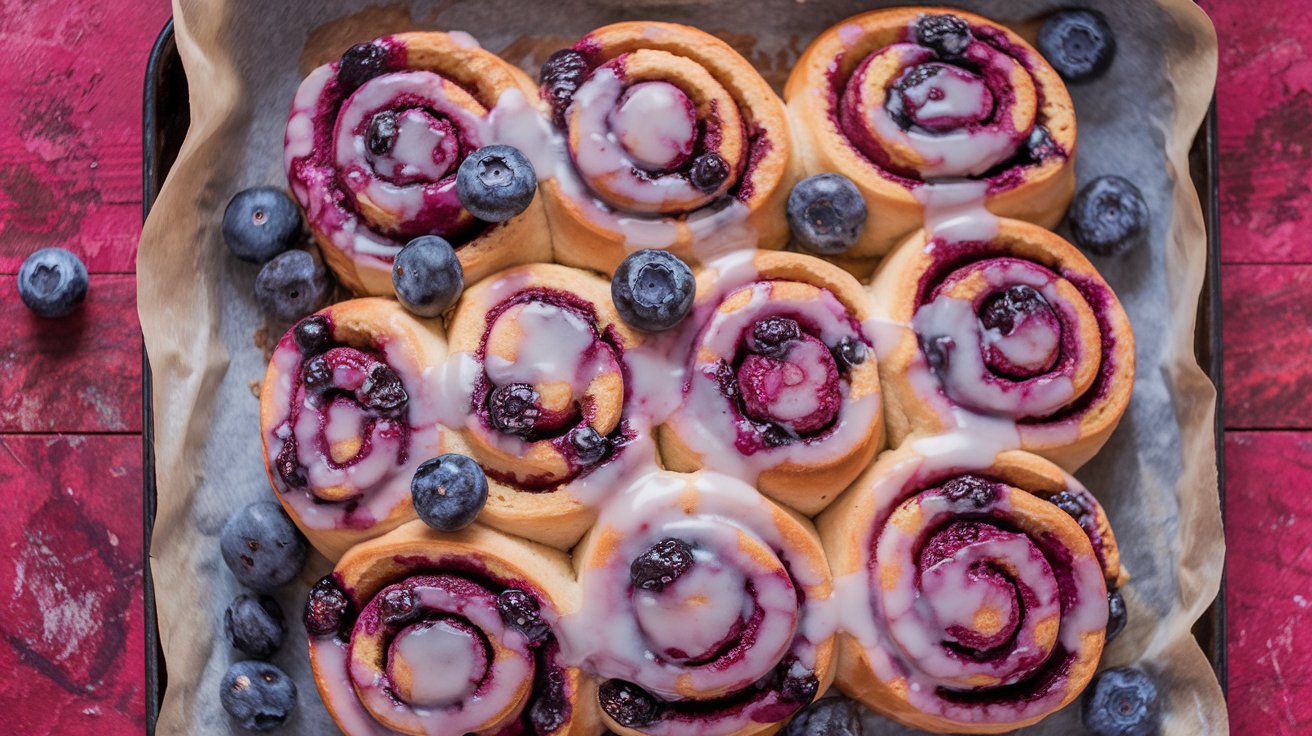 A tray of freshly baked Blueberry Cinnamon Rolls topped with creamy glaze, featuring swirls of golden dough filled with juicy blueberries and a hint of cinnamon