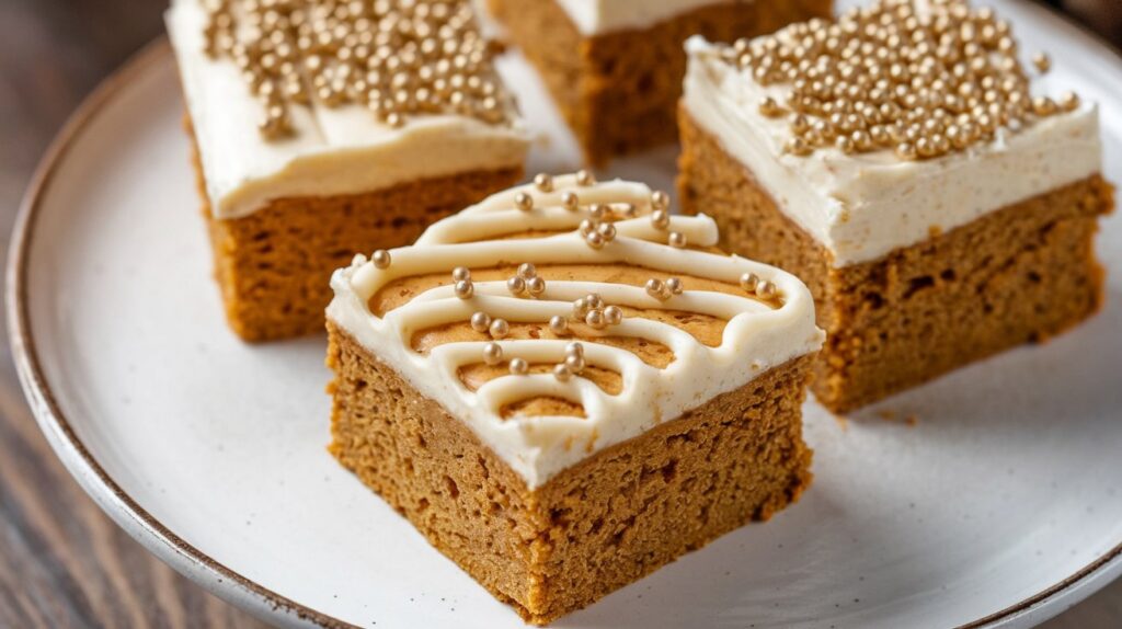 A tray of freshly baked Pumpkin Bars with Gooey Cream Cheese Frosting, perfectly cut into squares and glistening with a thick, velvety frosting layer.