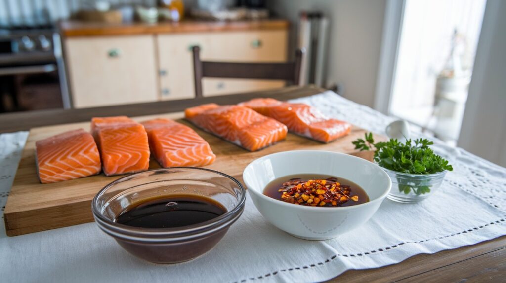 A plate of Hot Honey Salmon Bites glazed with a golden, spicy-sweet honey sauce, garnished with sesame seeds and green onions, served on a wooden board