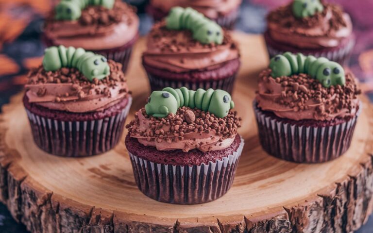 Halloween Cupcakes with Brown Dirt Topping and Green Worms