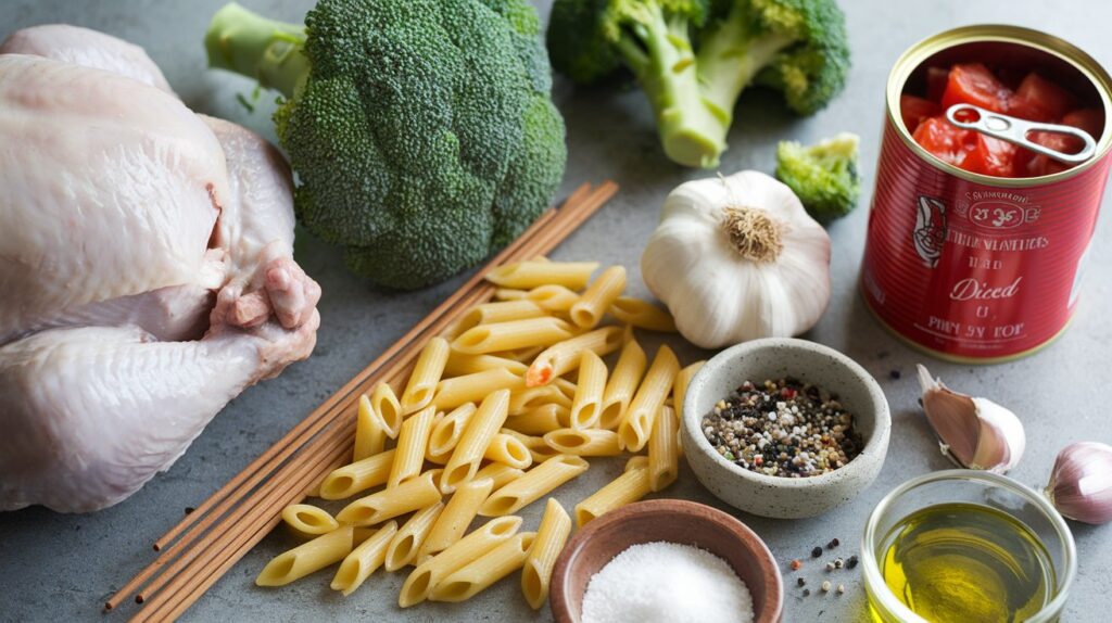 Close-up of Chicken and Broccoli Pasta—Great Weeknight Dinner! showcasing perfectly seasoned chicken, vibrant green broccoli, and pasta tossed in a light olive oil and parmesan sauce