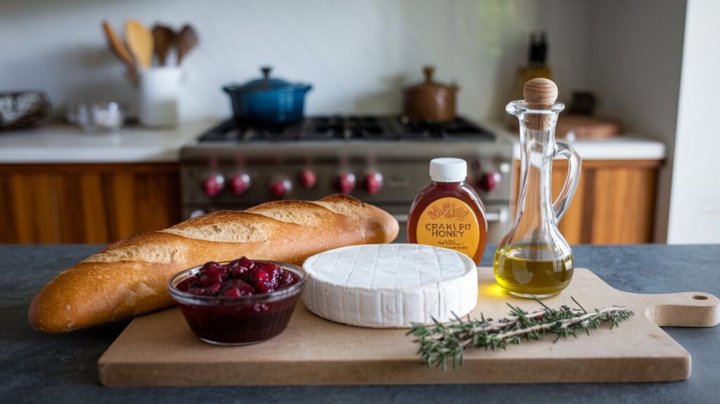 Crispy Cranberry and Brie Crostini arranged on a wooden board, featuring the perfect balance of savory brie and sweet cranberry sauce, with a touch of fresh thyme for garnish