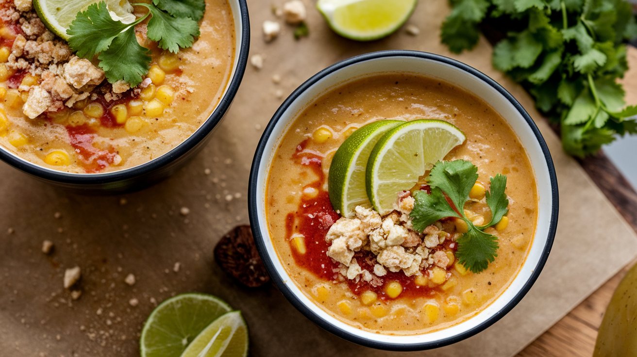 Bowl of Creamy Mexican Street Corn Soup with Fresh Garnishes" A steaming bowl of Mexican Street Corn Soup, rich and creamy, topped with crumbled cotija cheese, fresh cilantro, and a squeeze of lime. The soup features whole corn kernels, providing a satisfying texture contrast to the velvety broth. The vibrant garnishes add a pop of color and freshness to this comforting dish.