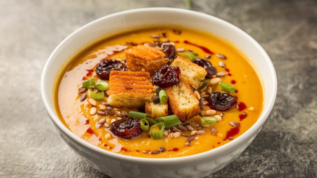 Spicy Miso Carrot Soup with a Drizzle of Coconut Cream" A bowl of spicy miso carrot soup garnished with a drizzle of coconut cream and a sprinkle of sesame seeds. The smooth, creamy texture of the soup is balanced with a spicy miso kick, making it a warming dish perfect for cooler days.