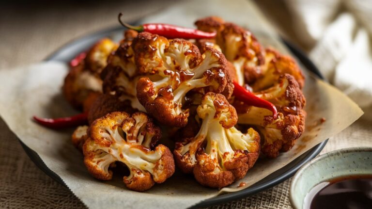 Maple Sriracha Roasted Cauliflower on a Baking Sheet" Maple Sriracha roasted cauliflower arranged on a baking sheet, showcasing the rich, golden caramelization of the glaze. The cauliflower florets are evenly spaced, each coated with the perfect amount of maple syrup and Sriracha for an appetizing, flavorful side dish.