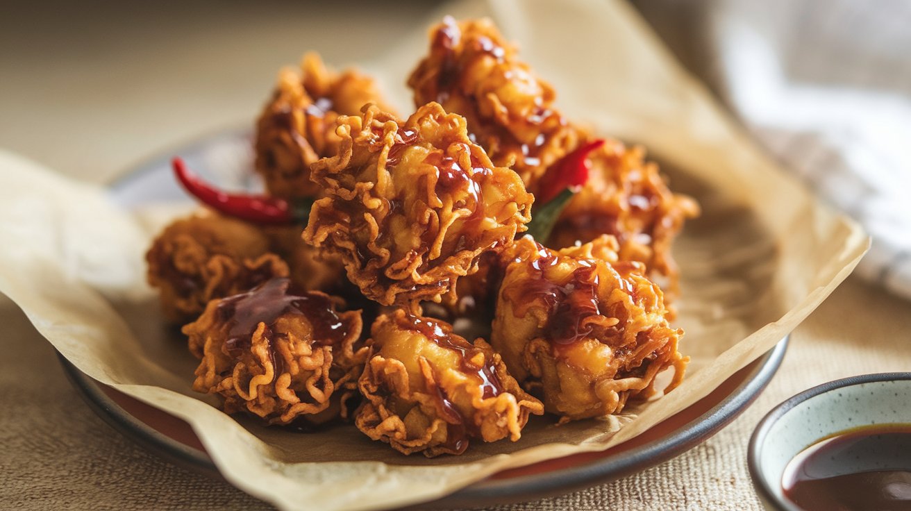 Korean Fried Cauliflower Platter with Garnishes" A vibrant platter of Korean fried cauliflower, arranged with fresh herbs, sesame seeds, and a sprinkle of chili flakes for added heat. The cauliflower florets are coated in a sweet and spicy sauce, making it a perfect snack or appetizer to share with friends and family