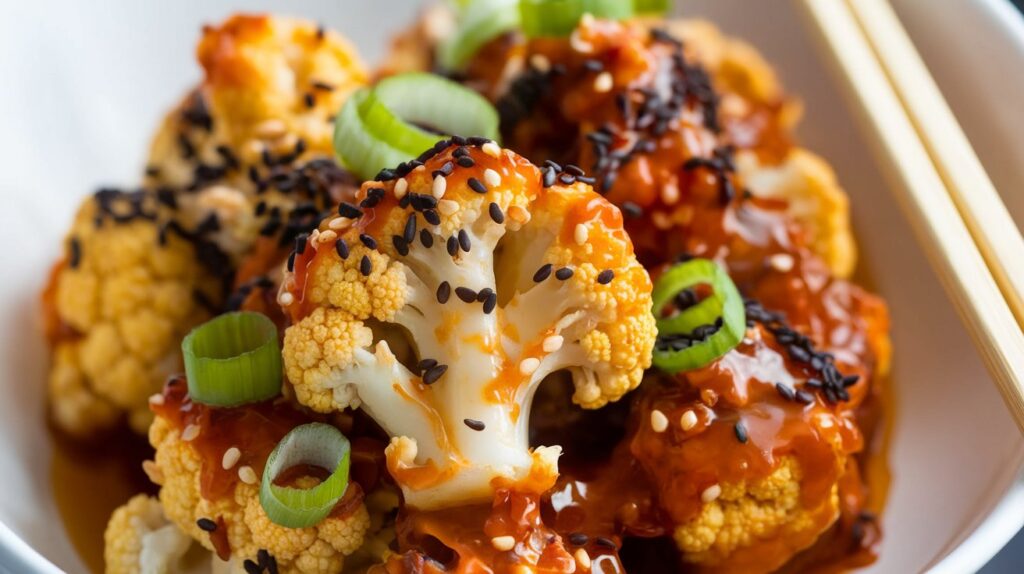 Sweet and Spicy Baked Cauliflower Garnished with Fresh Herbs" A dish of sweet and spicy baked cauliflower, garnished with fresh herbs to enhance its flavor. The cauliflower pieces are perfectly roasted, caramelized, and coated in a rich, spicy-sweet sauce.