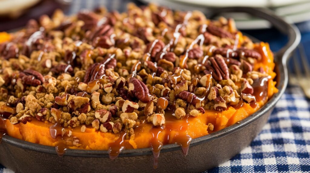 Close-up of Southern Sweet Potato Casserole, highlighting the velvety smooth sweet potato filling under a crisp, caramelized topping of marshmallows and pecans, offering a comforting and festive dish