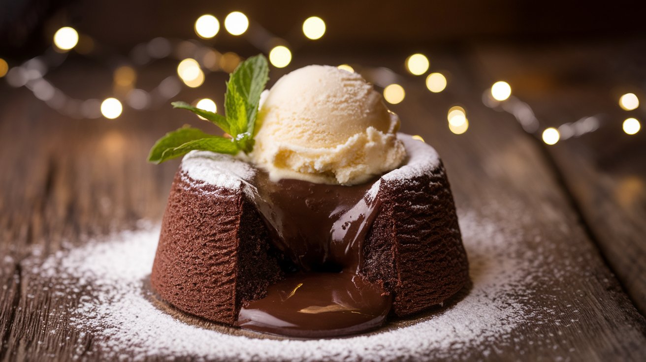 Chocolate Lava Cake with Vanilla Ice Cream and Fresh Berries" A close-up of a perfectly baked chocolate lava cake with a soft, molten center, accompanied by a scoop of creamy vanilla ice cream and fresh raspberries. The dessert is plated elegantly, creating a luxurious and indulgent treat.