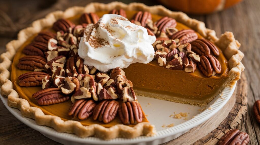 A whole Maple Pecan Pumpkin Pie on a rustic wooden table, with a beautiful golden crust and a topping of toasted pecans and maple syrup, offering a perfect balance of sweet and nutty flavors.